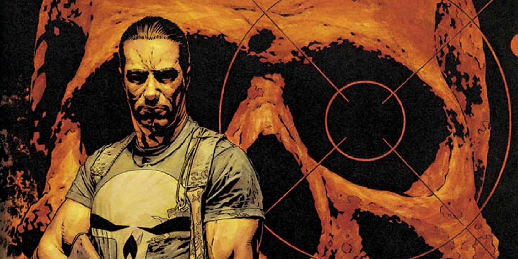 Frank Castle stands in front of a skull in Marvel Knights Punisher