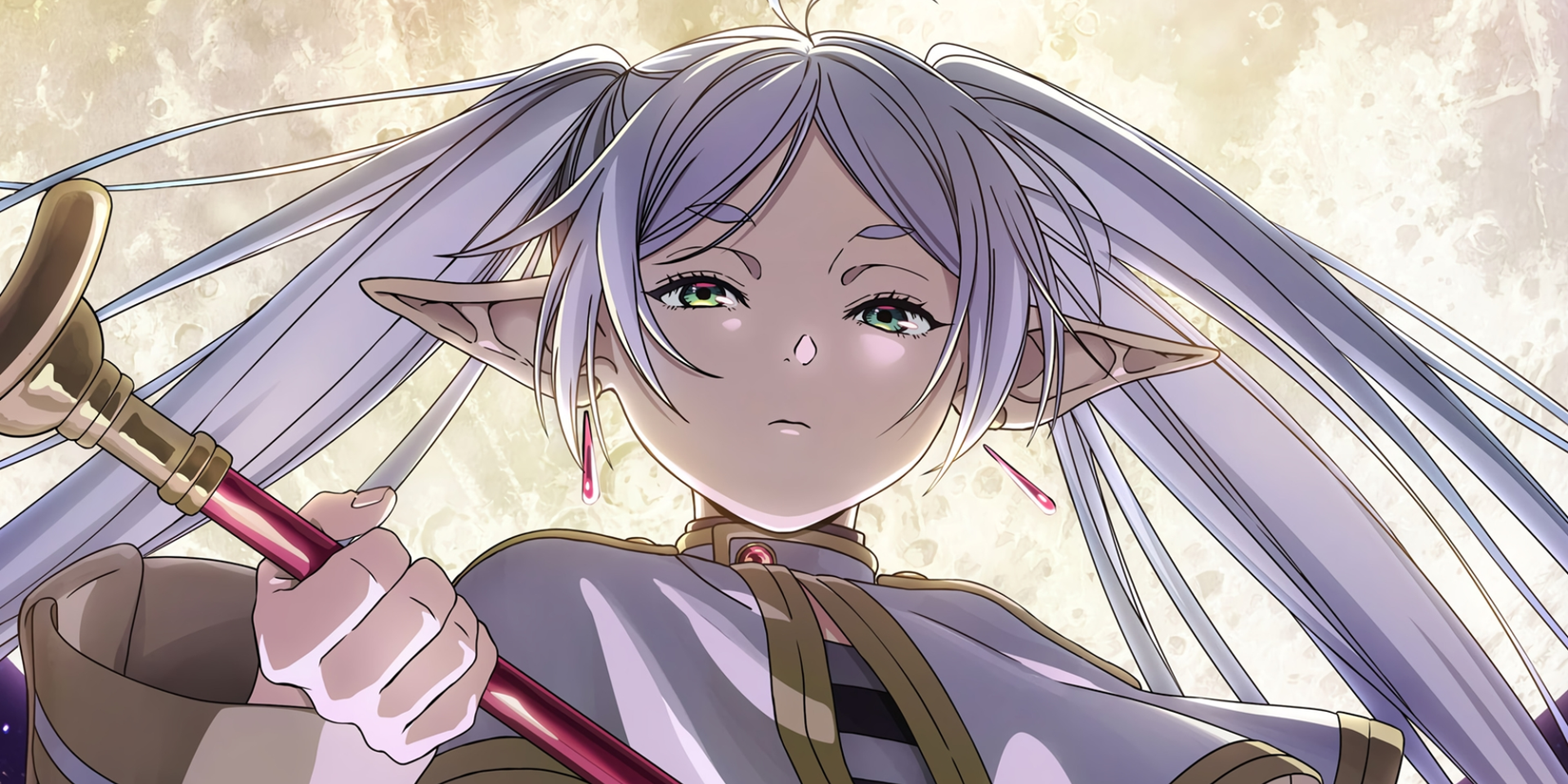 Frieren Beyond Journey's End anime featured image - Frieren the Slayer mage looking angry with the moon behind her