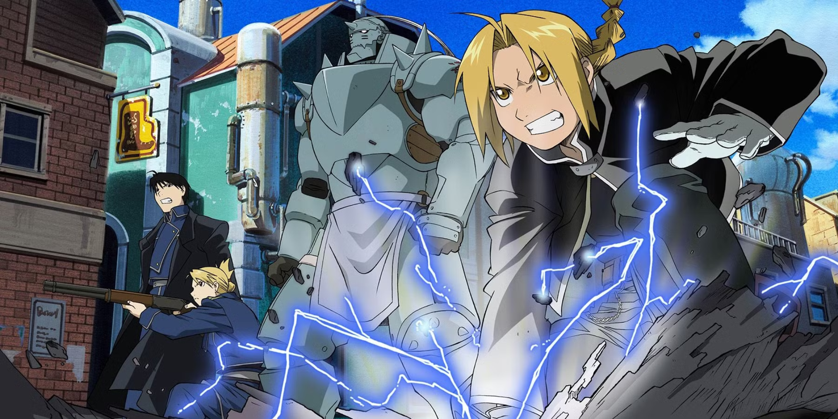 Featured image from Fullmetal Alchemist Brotherhood anime - Roy Mustang, Riza Hawkeye and Edward and Alphonse Elric fighting on a street