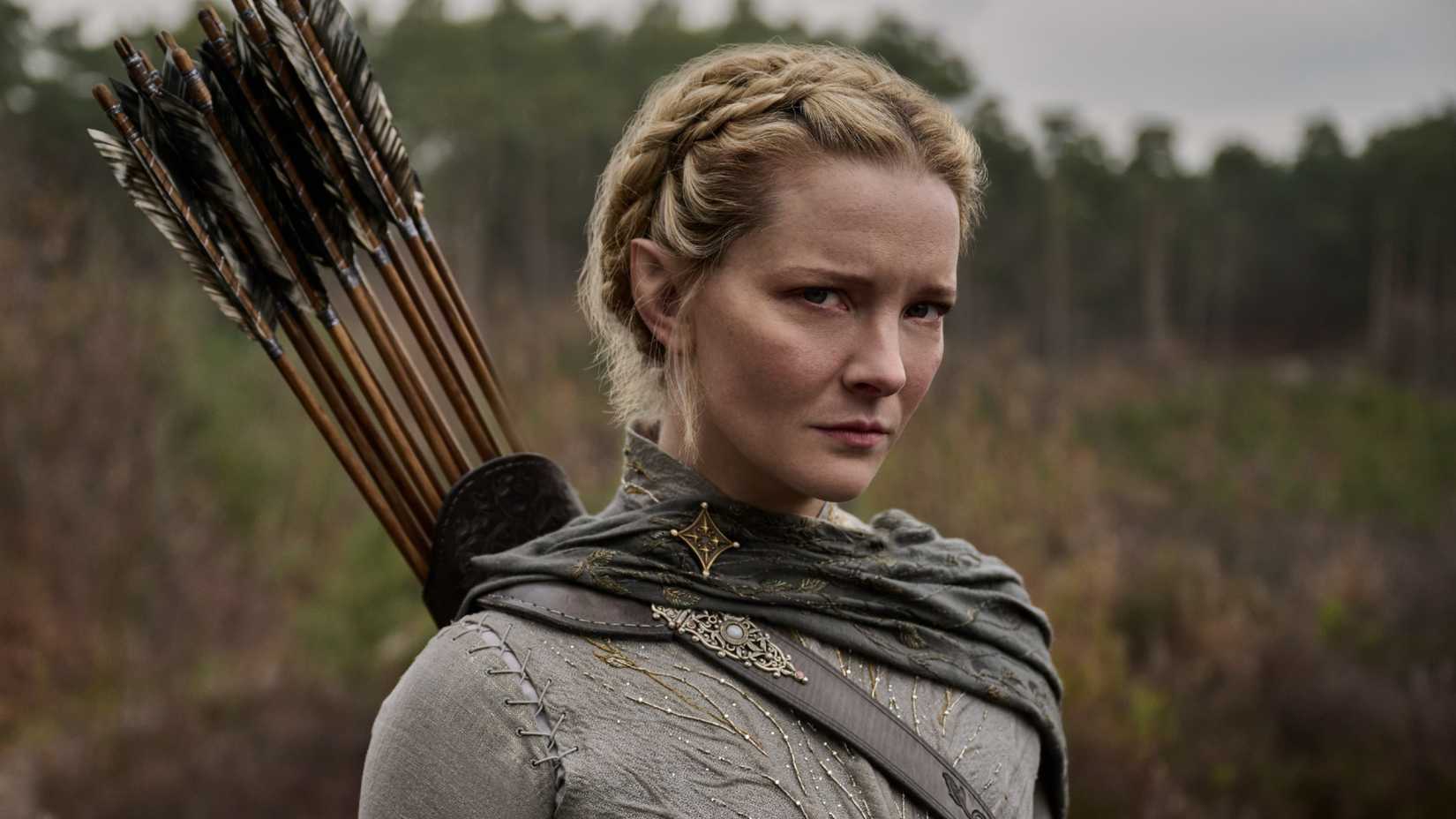 Morfydd Clark scowling as Galadriel from The Lord of the Rings: The Rings of Power