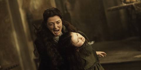 Michelle Fairley as Catelyn Stark and Kelly Long as Joyeuse at the Red Wedding in Game of Thrones