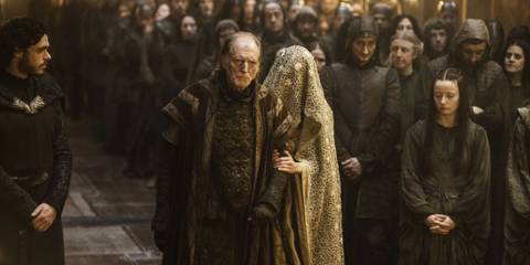 Robb Stark (Richard Madden), Walder Frey (David Bradley), Roslin Frey (Alexandra Dowling), and Joyeuse Frey (Kelly Long) at the Red Wedding in Game of Thrones