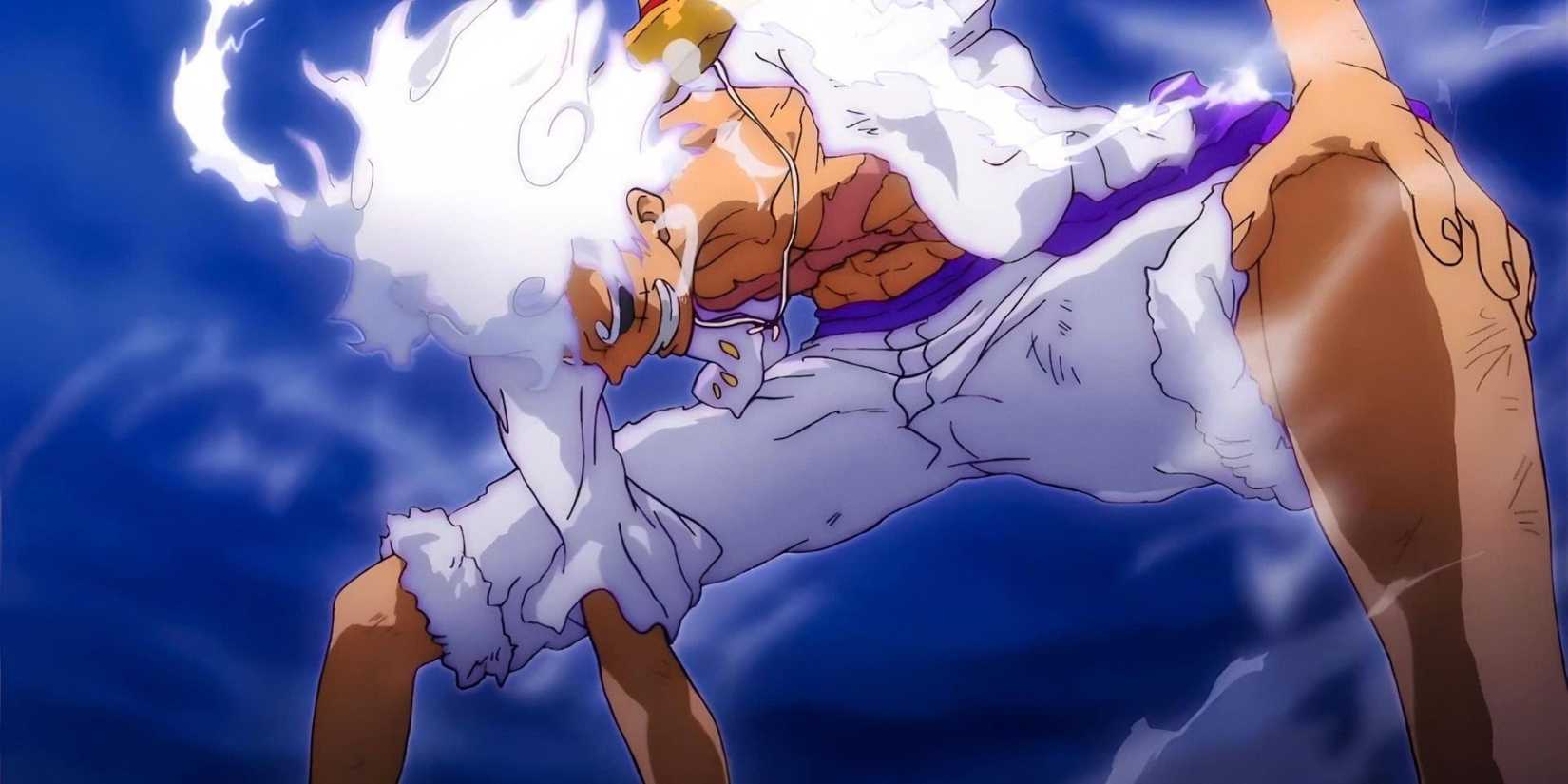 Gear 5 Monkey D. Ruffy macht seine ikonische Pose mit der Faust auf dem Boden und der anderen Hand, die sein Knie stützt