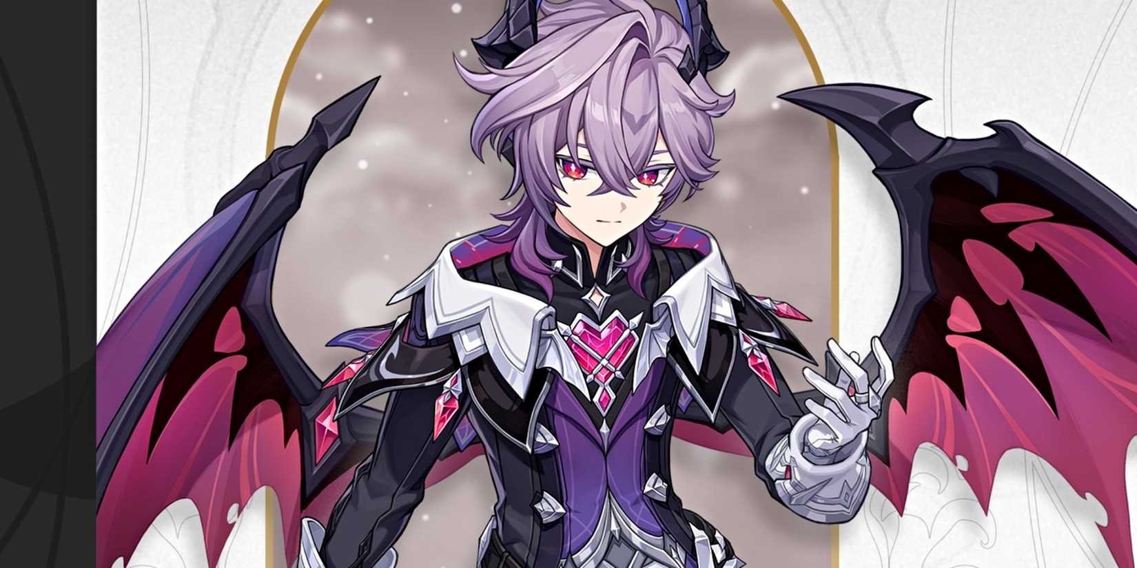 Durin looks serious as he raises his hand with his wings behind him in Genshin Impact.