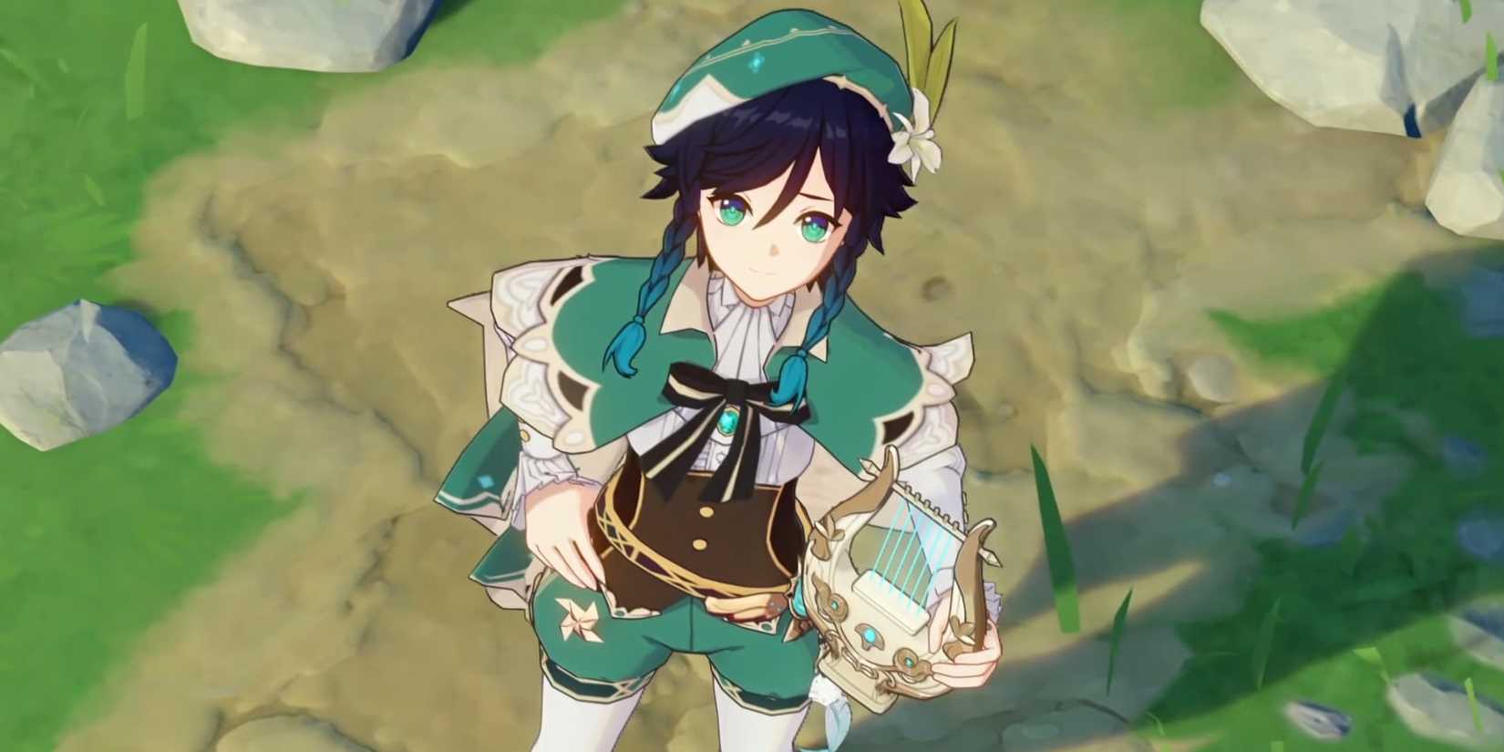 Venti looks up to the sky while holding his lyre in Genshin Impact.