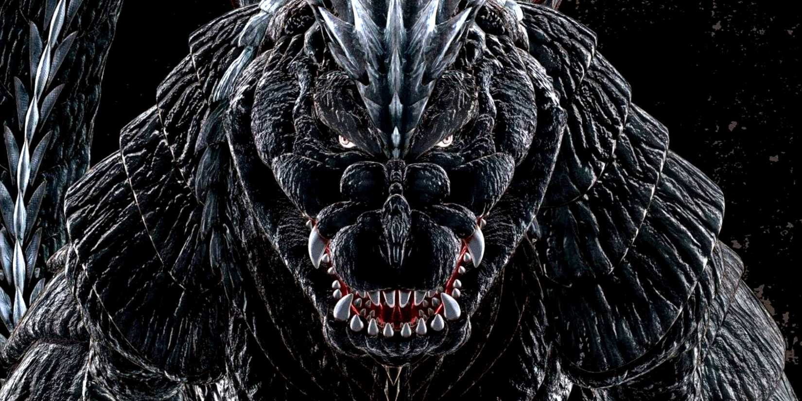 Godzilla Ultima looks up to the camera in the dark in Singular Point art