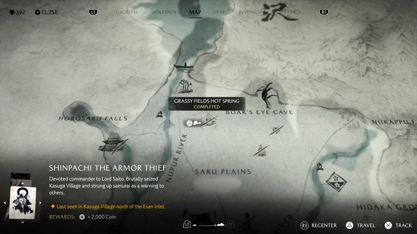 Map screen showing the location of Grassy Fields Hot Spring in Ghost of Yotei.