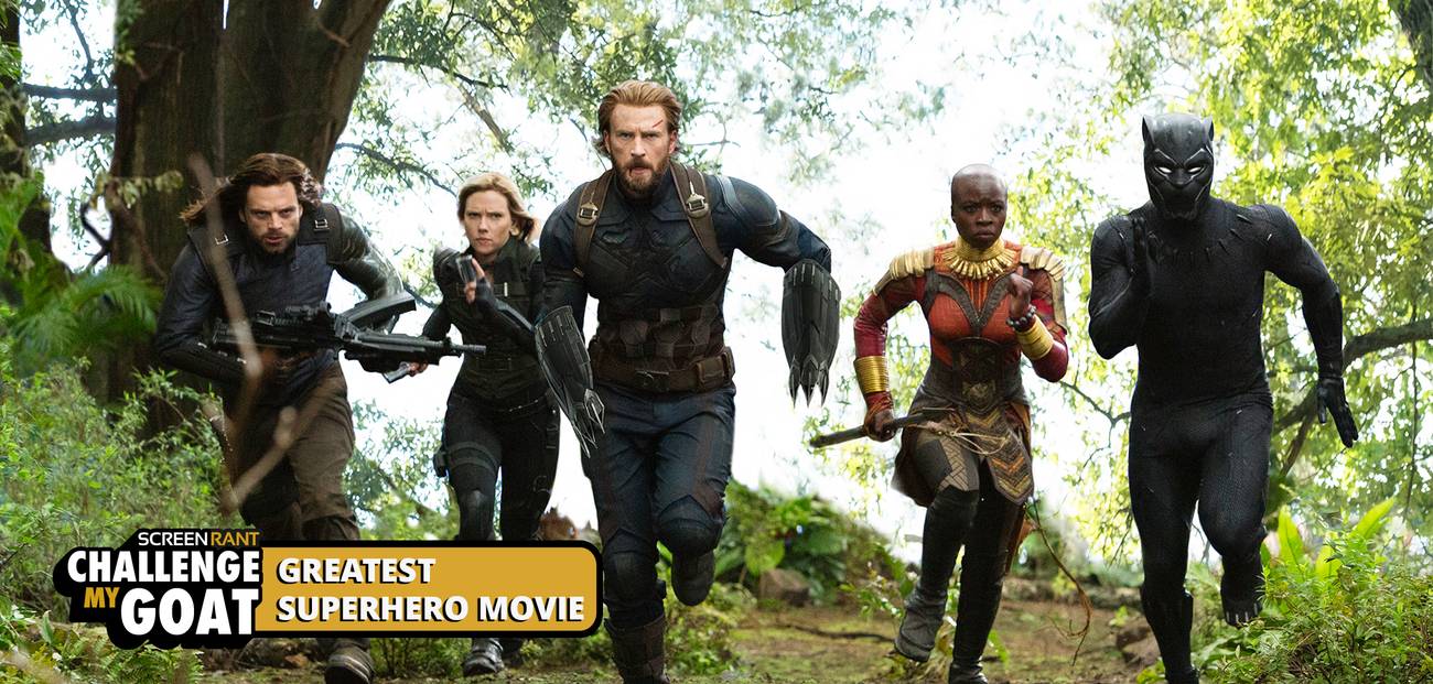 A sH๏τ from Avengers: Infinity War showing, from left to right, Winter Soldier, Black Widow, Captain America, Okoye, and Black Panther running.