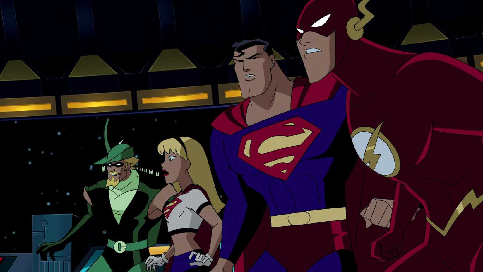 Arqueiro Verde, Supergirl, Superman e Flash em Liga da Justiça Sem Limites