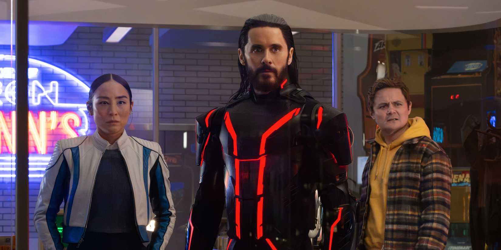 Greta Lee, Jared Leto, and Arturo Castro in Tron: Ares