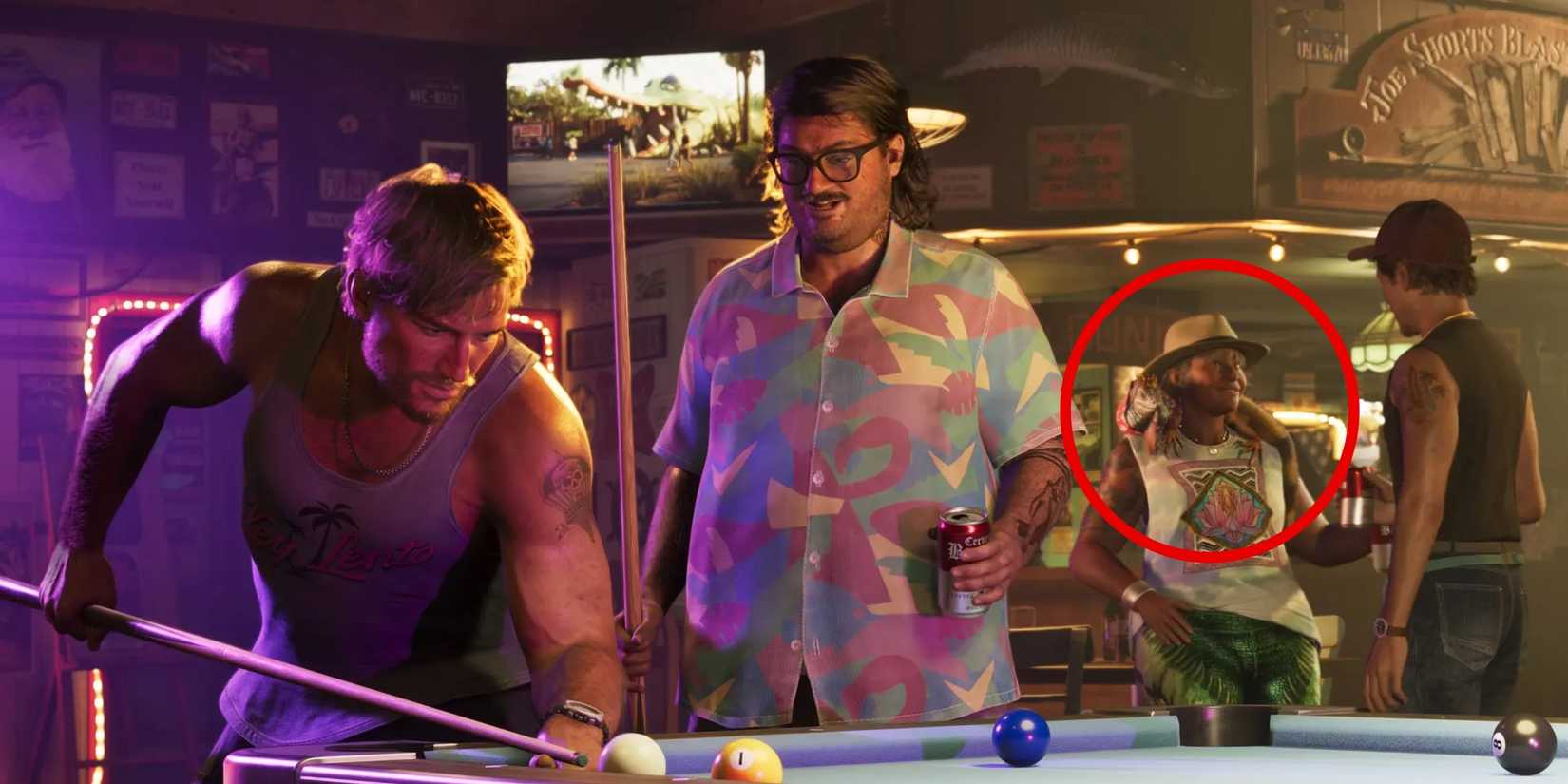 GTA 6 screenshot with a character with a pet iguana on their shoulder circled in red.