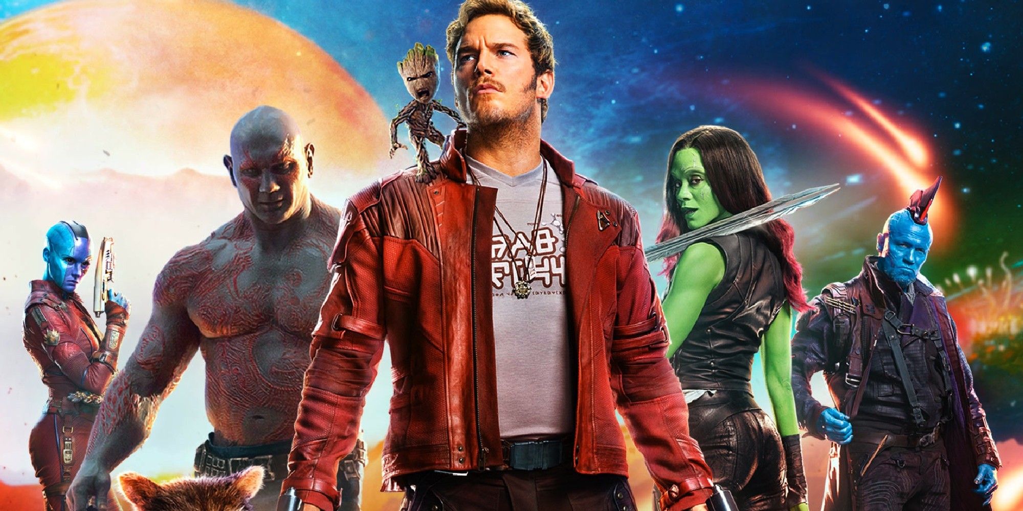guardians of the galaxy volume 2 movie poster, showing star-lord in a team pose