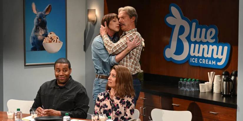 Heidi Gardner and Benedict Cumberbatch embracing during the Blue Bunny Ice Cream taste test on SNL.