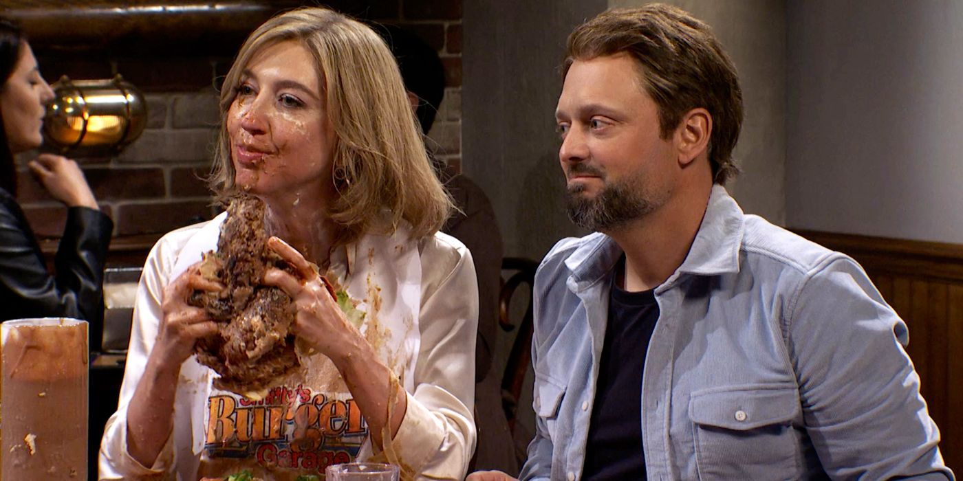 Heidi Gardner e Nate Bargatze no esquete 'Desafio do Hambúrguer Mile-High' do SNL.
