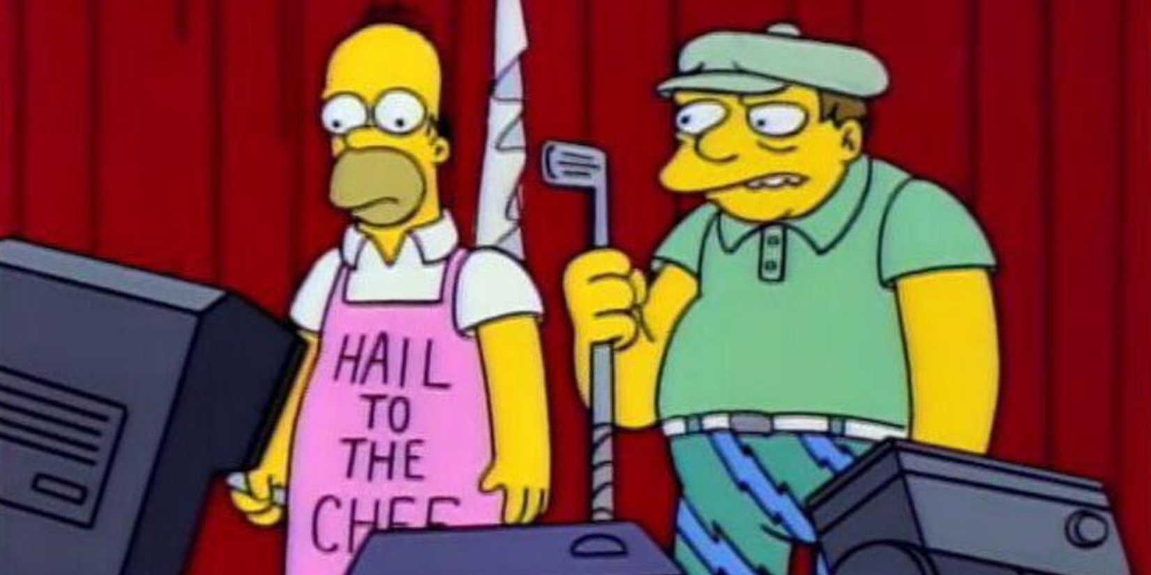 Homer e Barney em coletiva de imprensa em The Simpsons