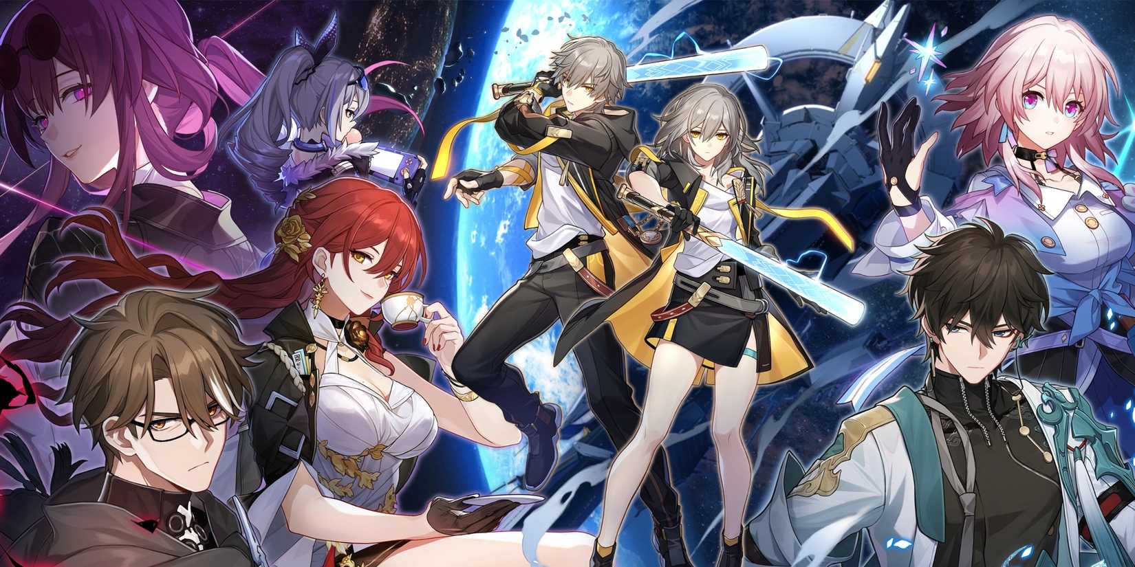 The Astral Express and Stellaron Hunters members from Honkai: Star Rail are assembled.