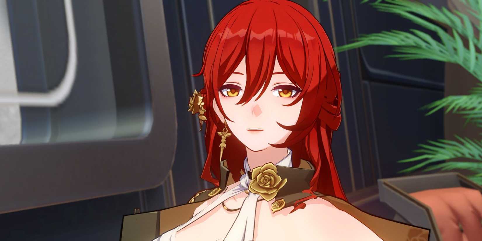 Himeko has a gentle expression on the Astral Express in Honkai: Star Rail.