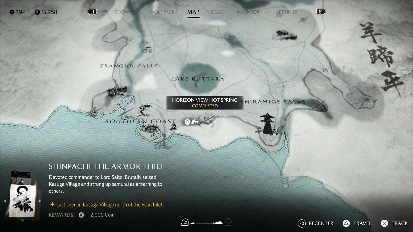 Map screen showing the location of Horizon View Hot Spring in Ghost of Yotei.