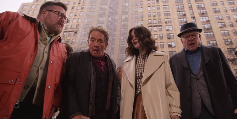 Renewal, Cast & Story Details Howard Oliver Mabel and Charles looking down in shock in the Only Murders in the Building season 5 finale