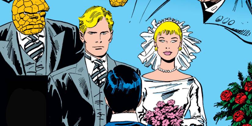 Human Torch marrying Alicia Masters with the Thing looking angry behind them.