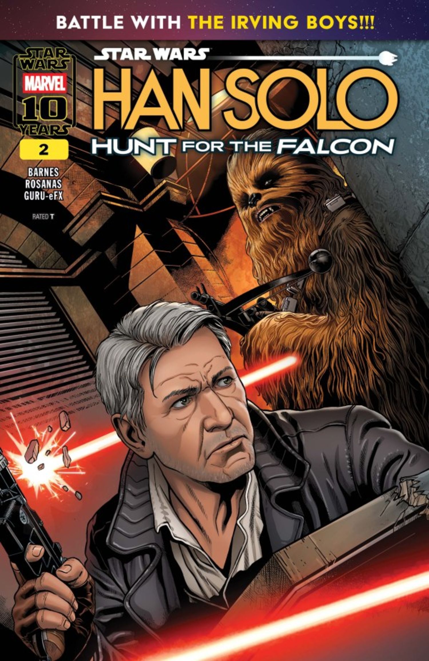 Copertina di Hunt for the Falcon #2 con Han e Chewie mentre schivano fuoco nemico