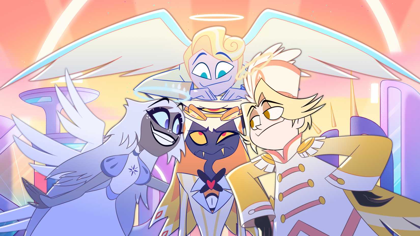 Sir Pentious, Emily e São Pedro no Paraíso em Hazbin Hotel.