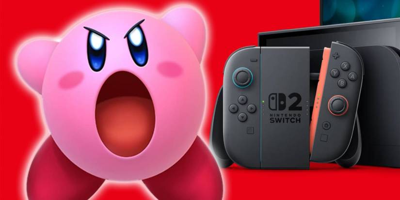Nintendo Switch 2 with angry looking Kirby next to it