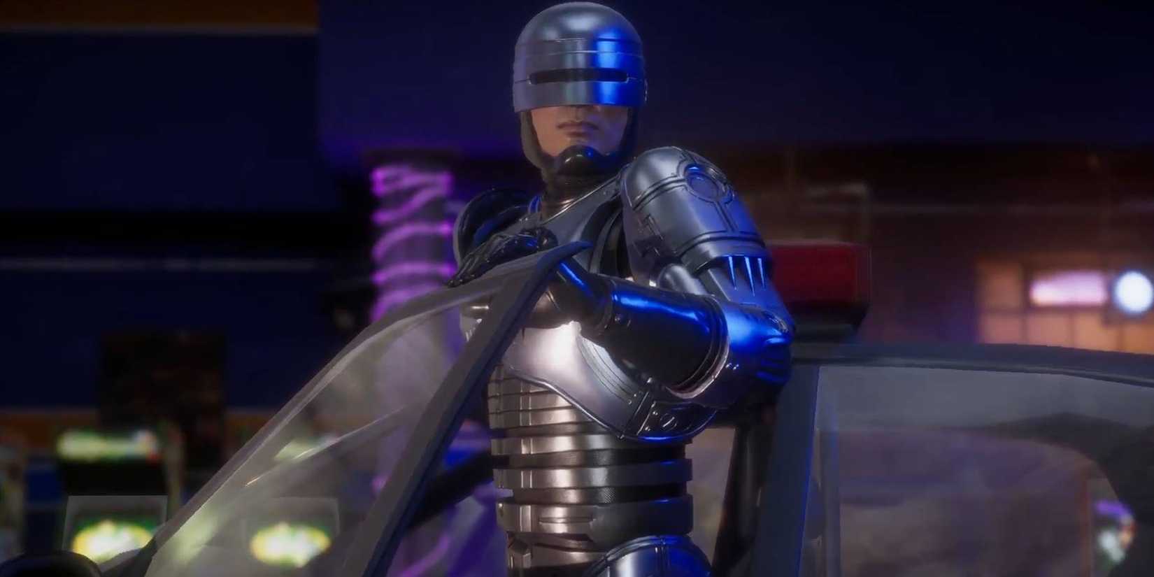Mortal Kombat 11 Robocop getting out of police car during intro
