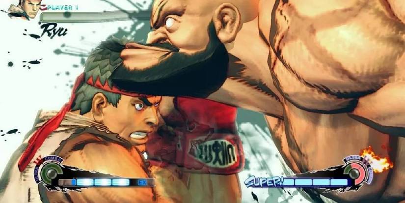 Street Fighter 4 Ryu landing a Shin Shoryuken on Zangief