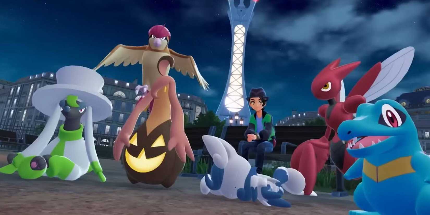 Pokémon Legends Z-A trainer sitting on a bench with a diverse team of Pokémon