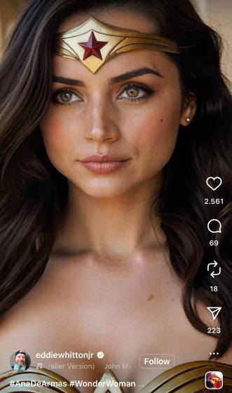Ana de Armas as Wonder Woman with tiara and armor looking to the right in  FAN ART video