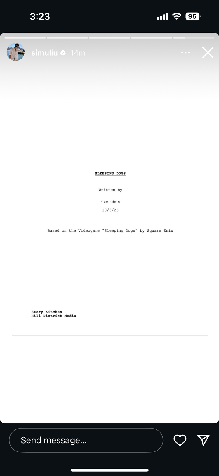 Simu Liu Instagram story post of Sleeping Dogs script cover