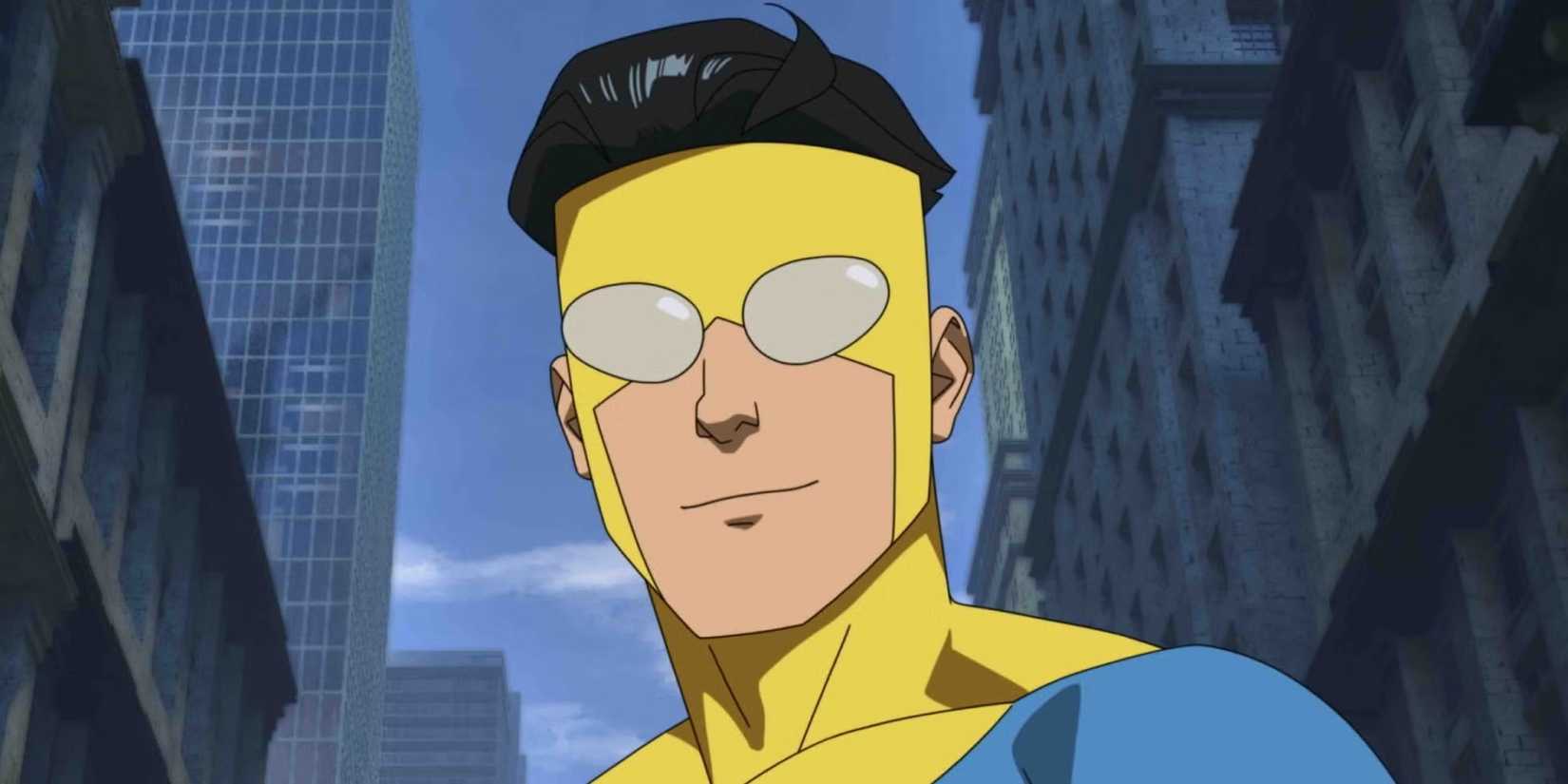 Invincible from the animated series, against a city skyline backdrop
