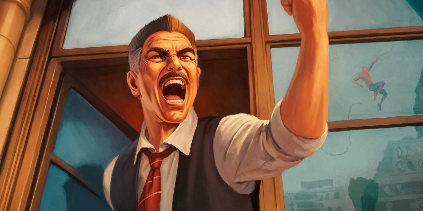 J Jonah Jameson screams at Spidey through a window in Magic the Gathering Marvel''s Spider-Man art by Borja Pindado