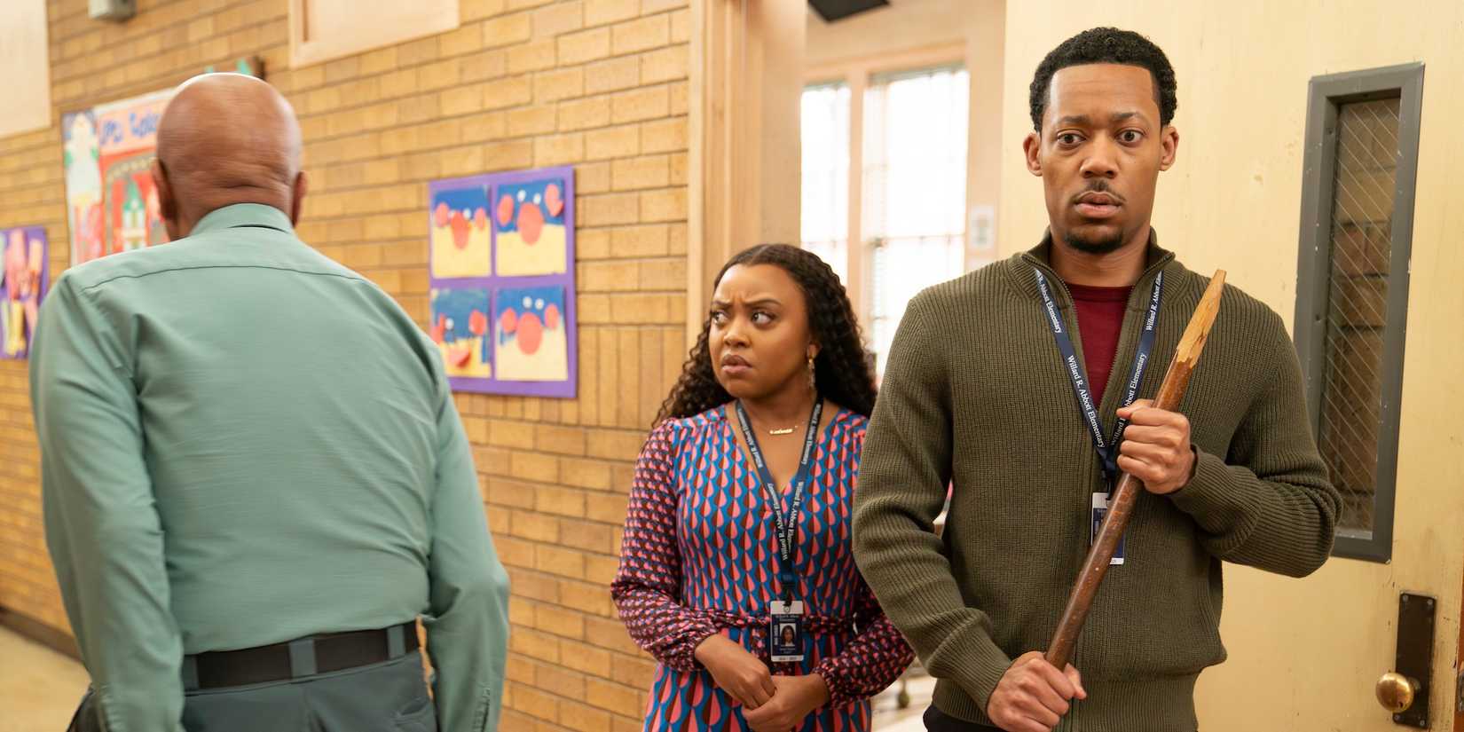 Janine and Gregory look confused and shocked at Mr. Johnson on Abbott Elementary