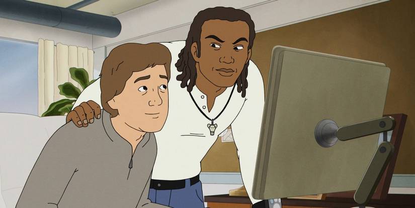 Jaxton incentivando Jeff no computador em Fired on Mars.