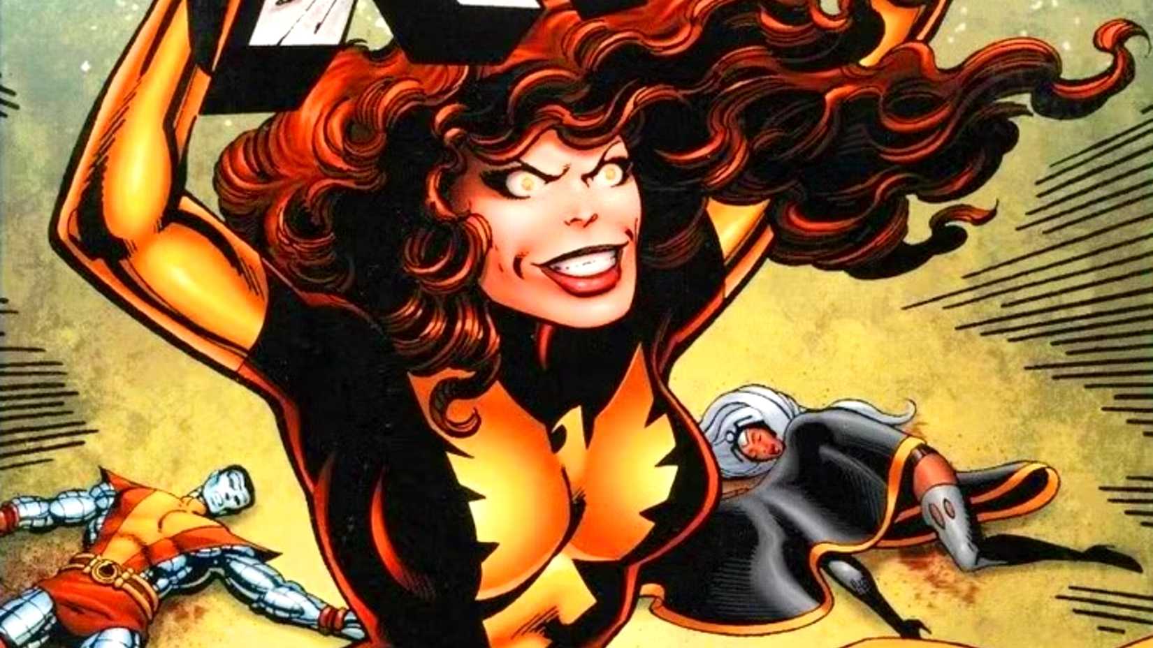 Jean Grey sourit tout en détenant le titre X-Men avec Colossus et Storm inconscients derrière elle dans la saga Dark Phoenix