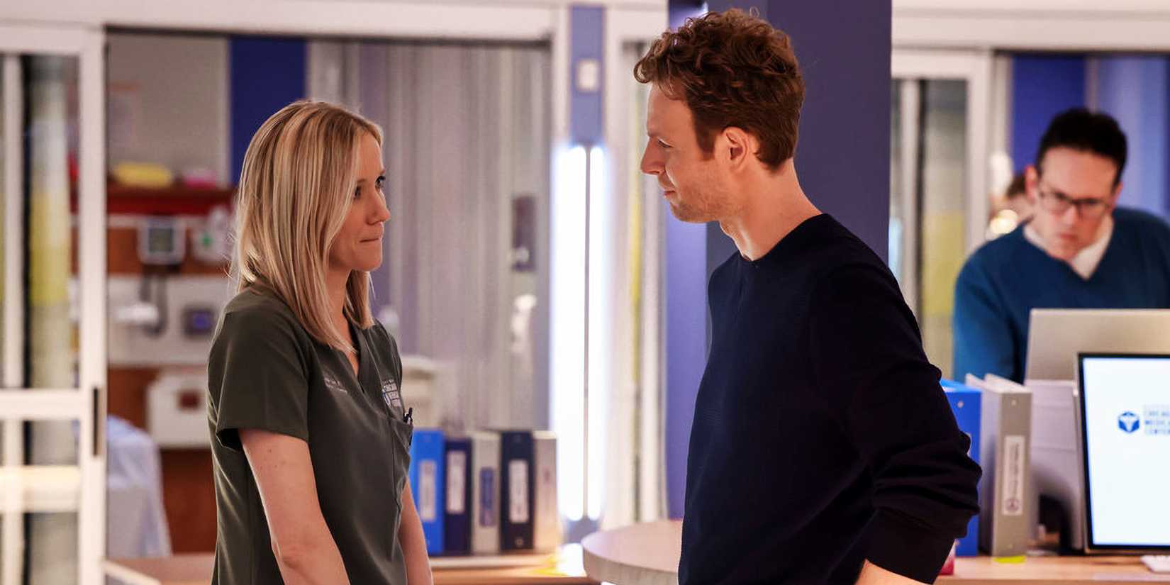 Jessy Schram as Hannah Asher, Nick Gehlfuss as Will Halstead in Chicago Med season 11, episode 2