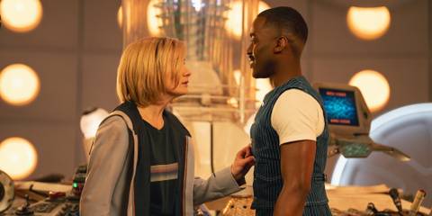 Jodie Whittaker as Thirteen and Ncuti Gatwa as Fifteen looking at each other in Doctor Who 