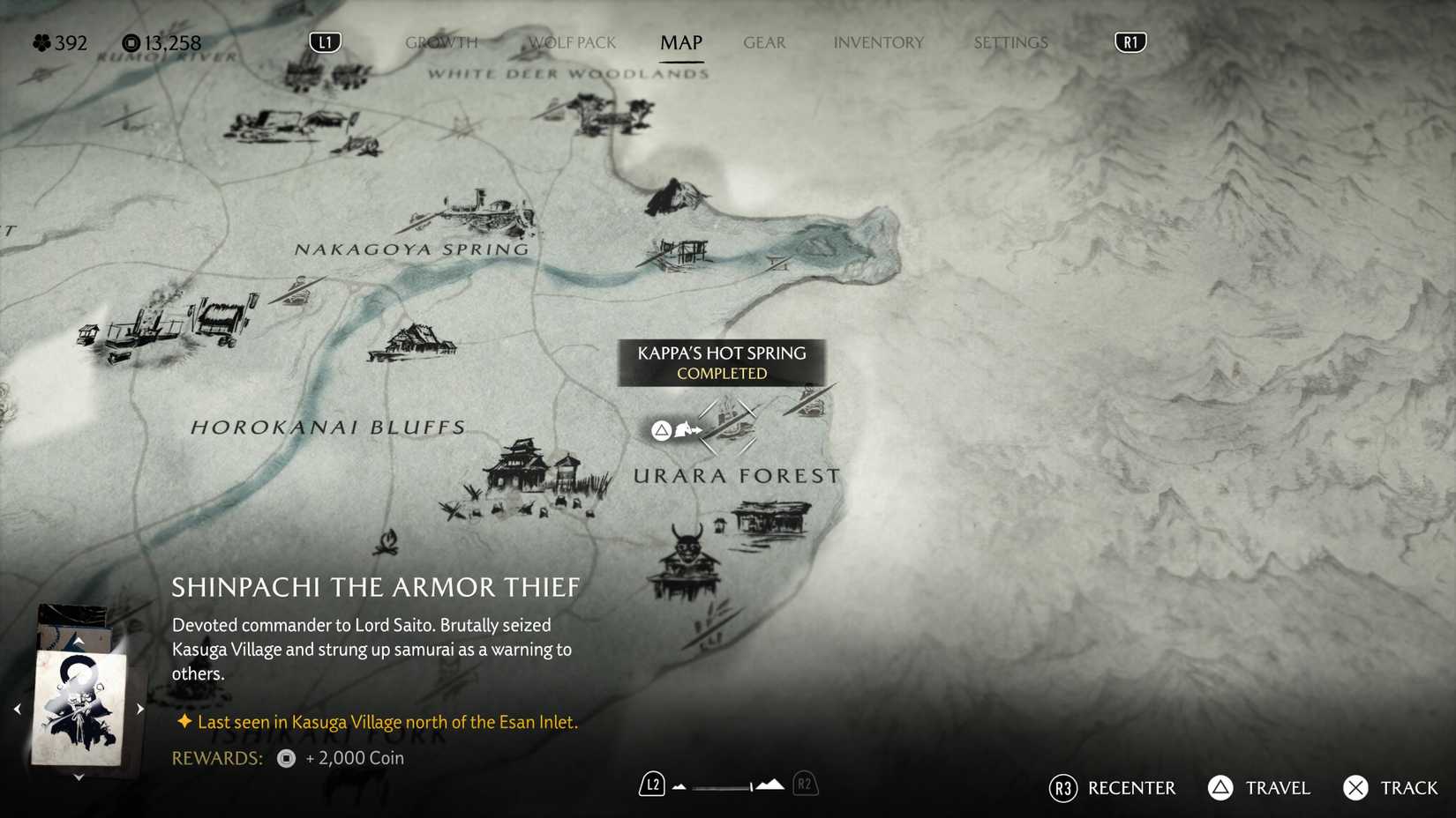 Map screen showing the location of Kappa's Hot Spring in Ghost of Yotei.