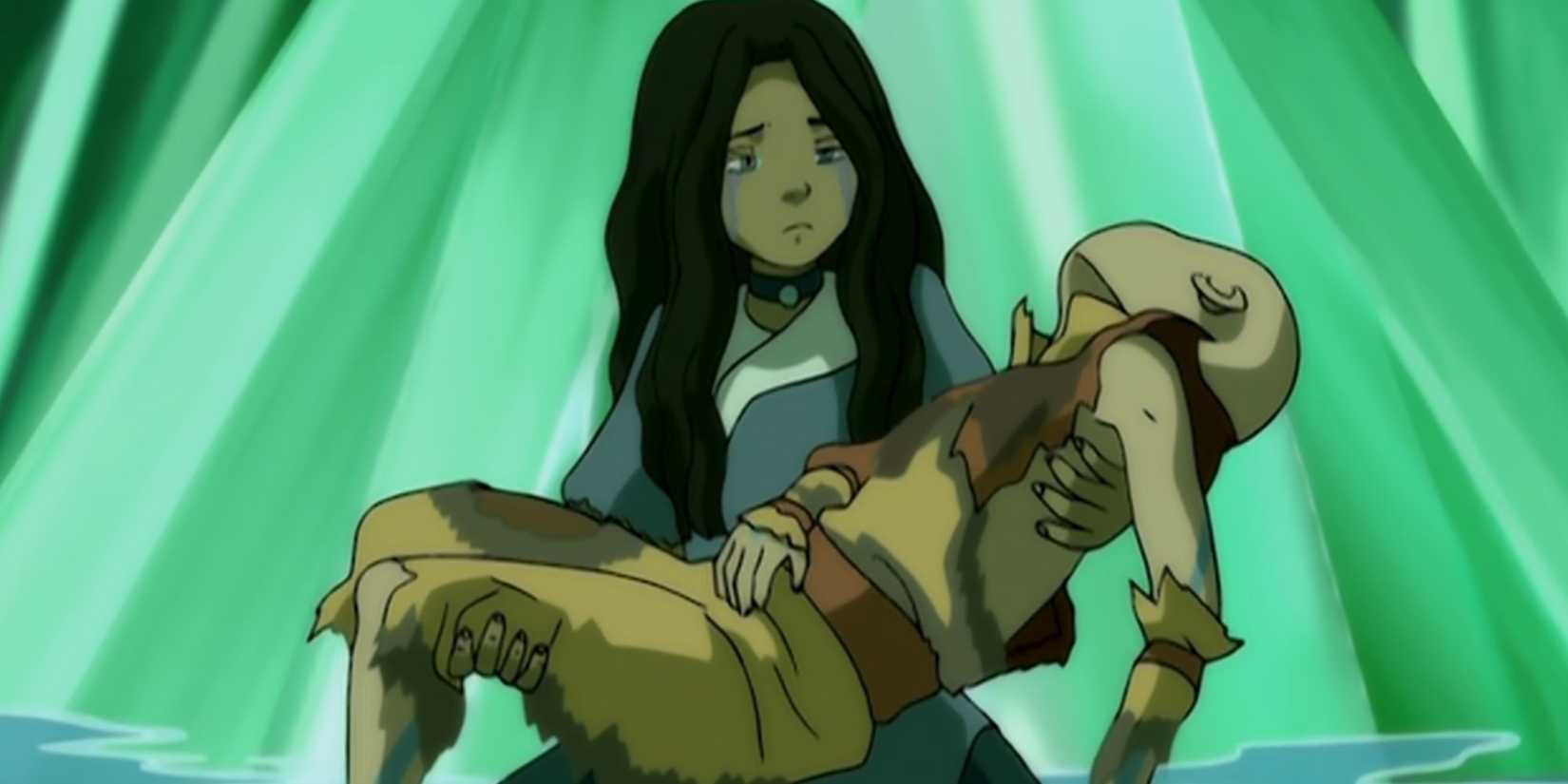 Katara holding Aang in her arms after he was struck by lightning in Avatar The Last Airbender