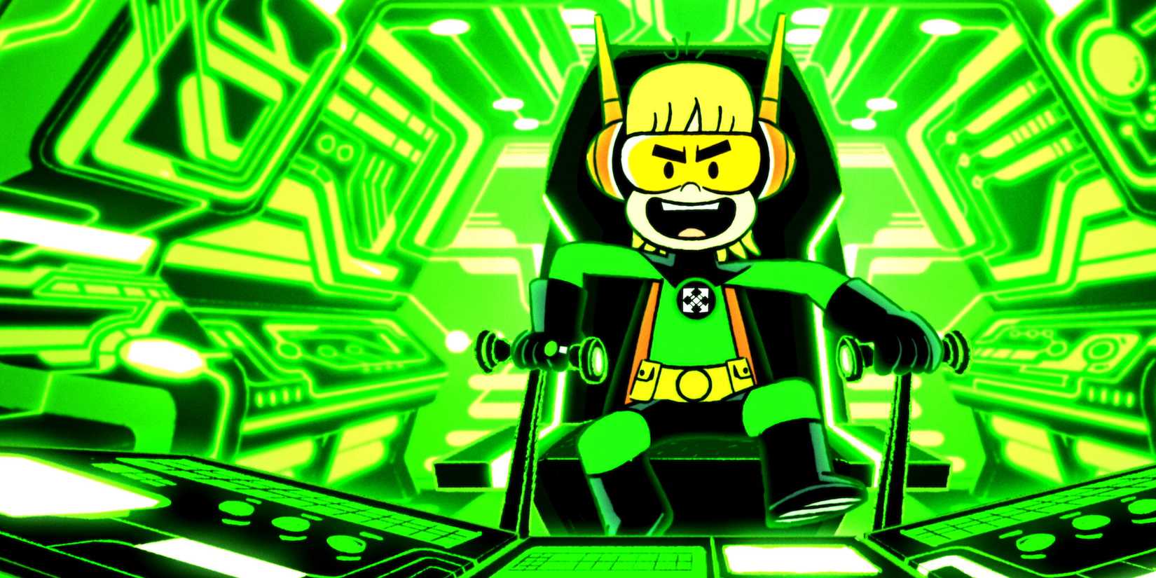 Kid piloting a neon green spaceship in Kid Cosmic