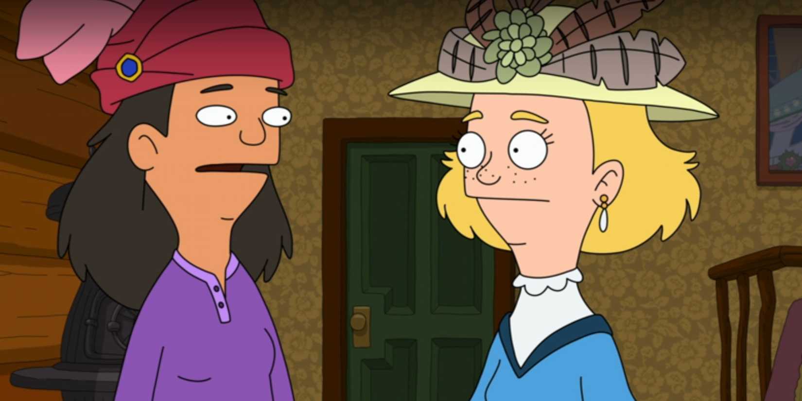 Kima and Judy talking to each other dressed in murder mystery outfits in The Great North