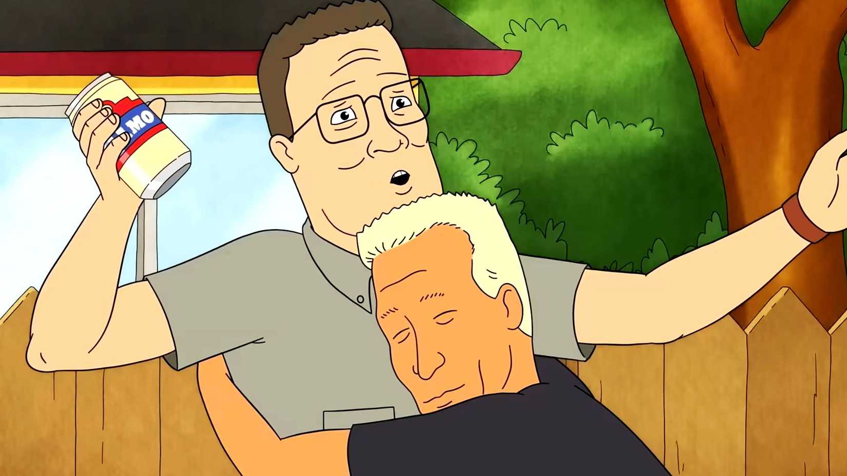 Hank looking surprised while holding a beer on King of the Hill