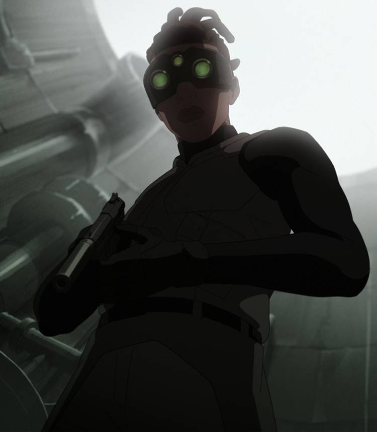 Kirby's Zinnia standing in a large room with her silenced pistol and night vision goggles in Splinter Cell: Deathwatch