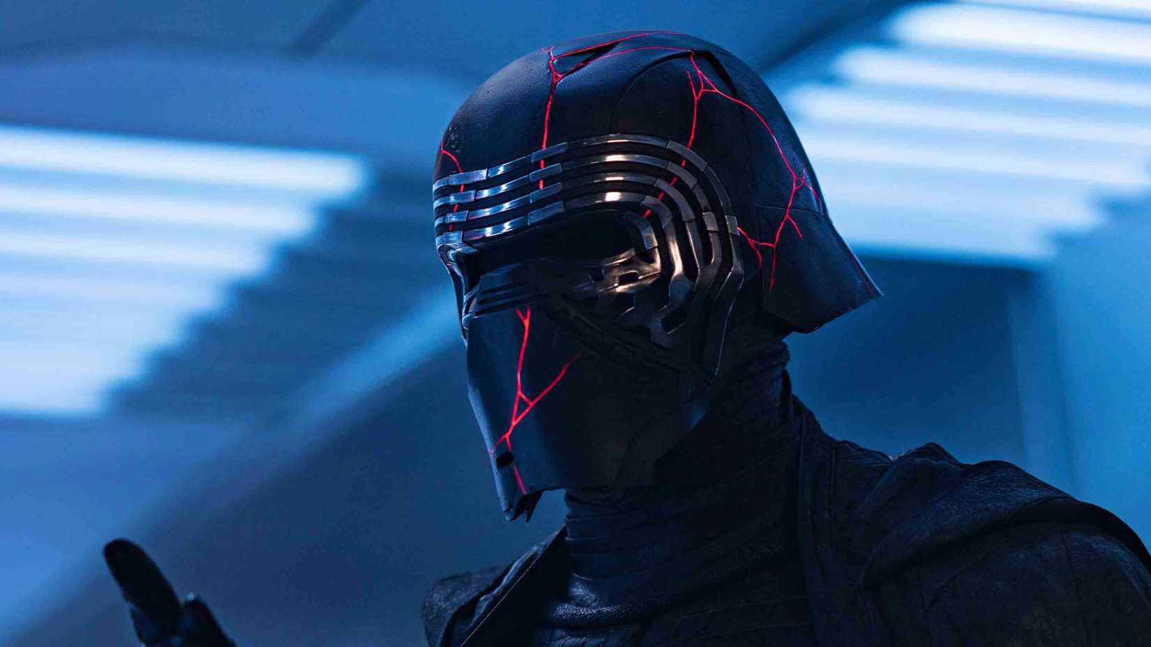 Kylo Ren in The Rise of Skywalker in his repaired helmet with his finger held up