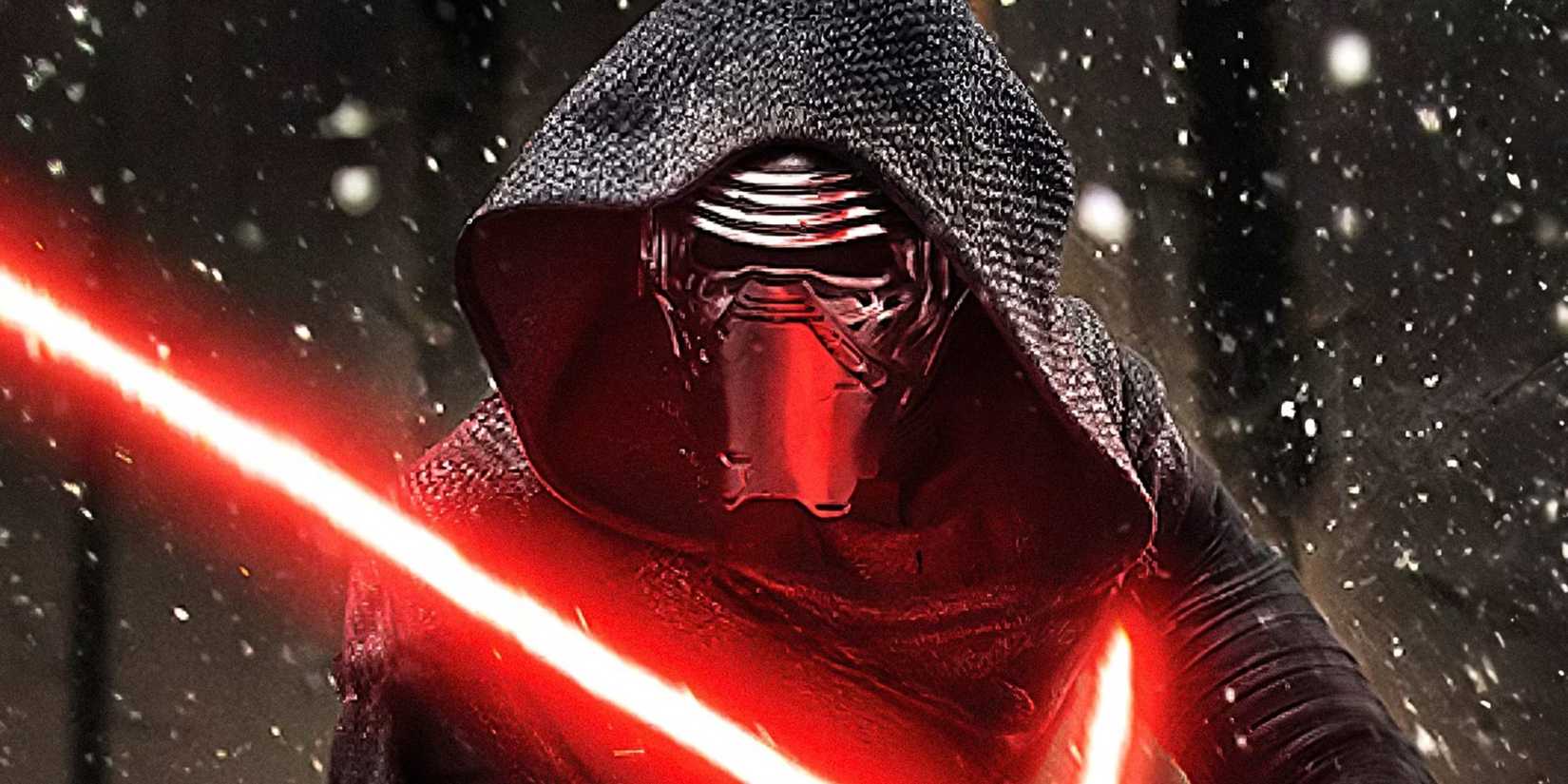 Kylo Ren with his lightsaber ignited in the snow from the Force Awakens