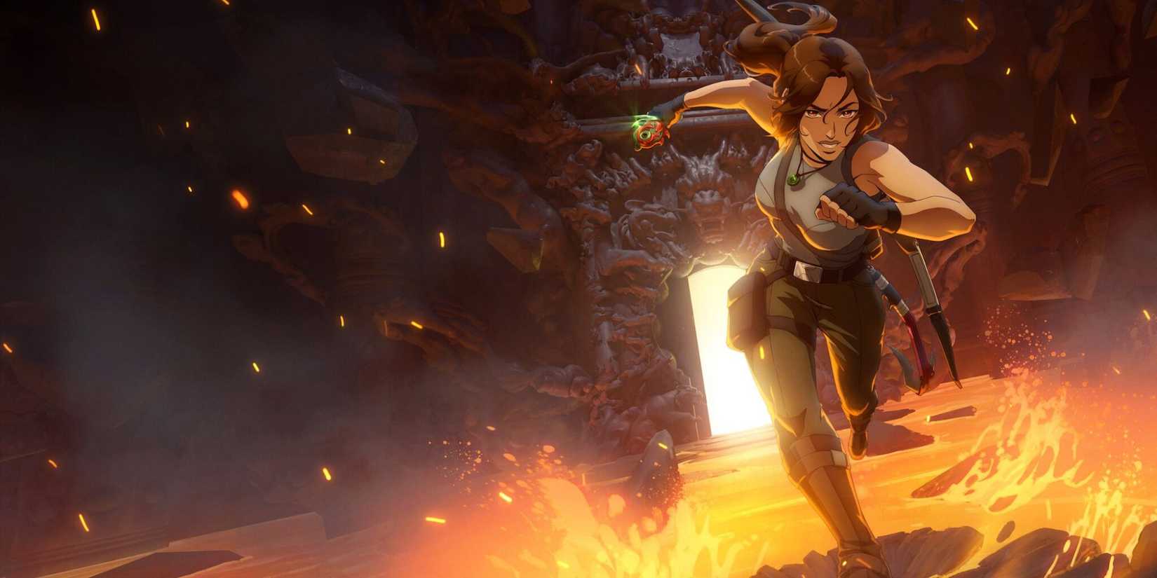 lara croft running past molten lava in a tomb in tomb raider the legend of lara croft