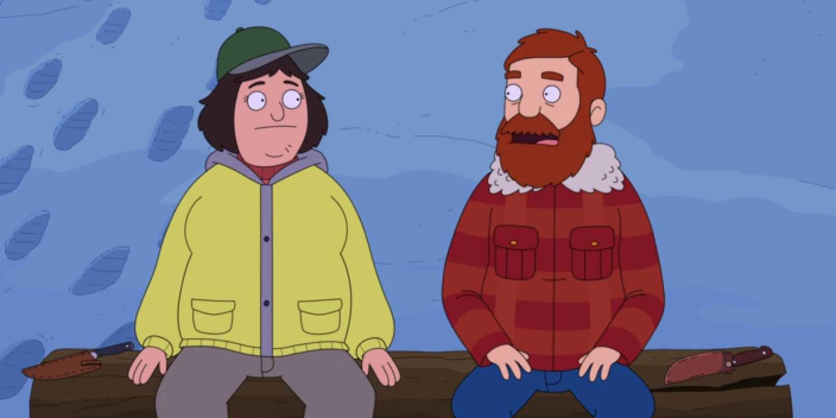 Londra and Beef sharing a tender conversation while sitting on a log in The Great North