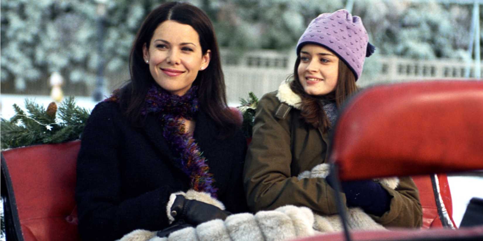 Lorelai e Rory em um passeio de trenó em Gilmore Girls, temporada 2, episódio 10, The Bracebridge Dinner